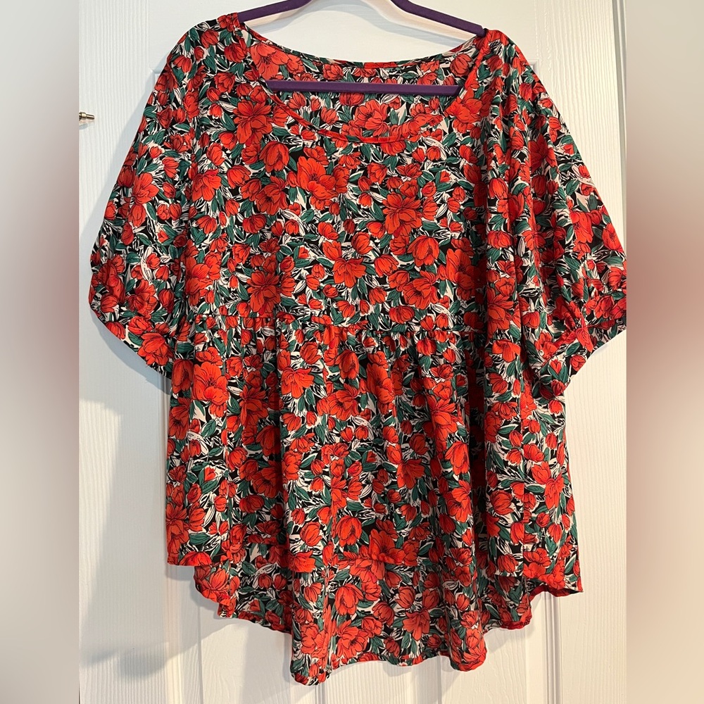 Red Floral Peplum Short Sleeve Blouse